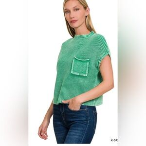 NEW Zenana Washed Mock Neck Short Sleeve Cropped Sweater Green